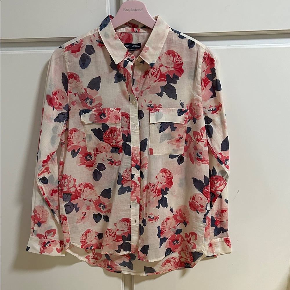 GAP Floral Cotton Button-Up Shirt - Pink and Navy XS